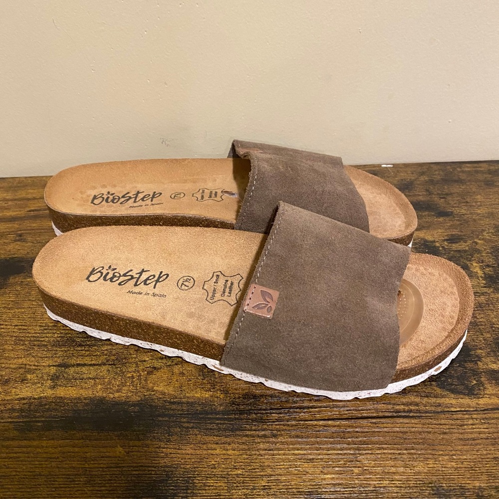 BioStep Womens Brown Suede Leather Slide Sandals Cork Footbed Made in Spain 7.5